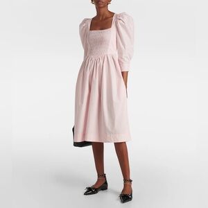 Ganni smocked cotton poplin midi dress pink